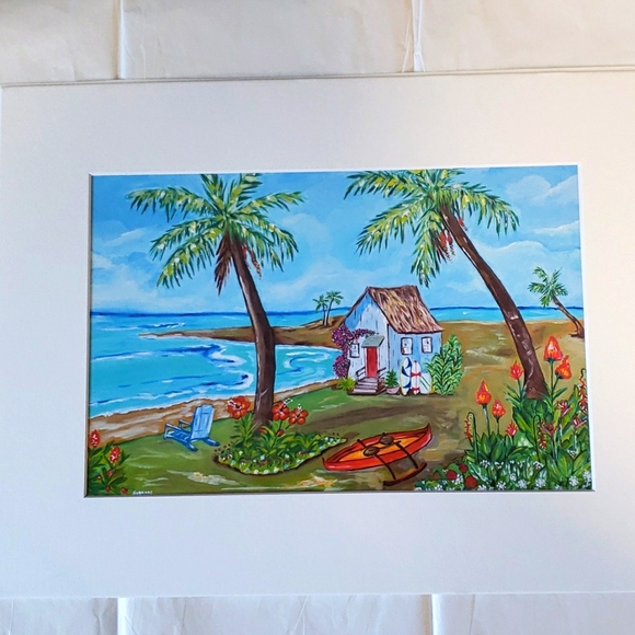 Original Art Print 8x12 Hawaiian Art "Surf Shack" Matted Ready To Frame - Picture 6 of 9